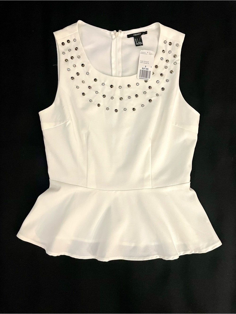NWT FOREVER 21 Women’s White Embellished Peplum Sleeveless Top Size Small
